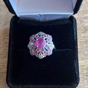 Intricate Silver and Pink Floral Ring